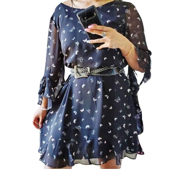Max Studio Black Butterfly Ruffle Sleeve Flowy Mini Dress NWT Medium - Picture 2 of 15
